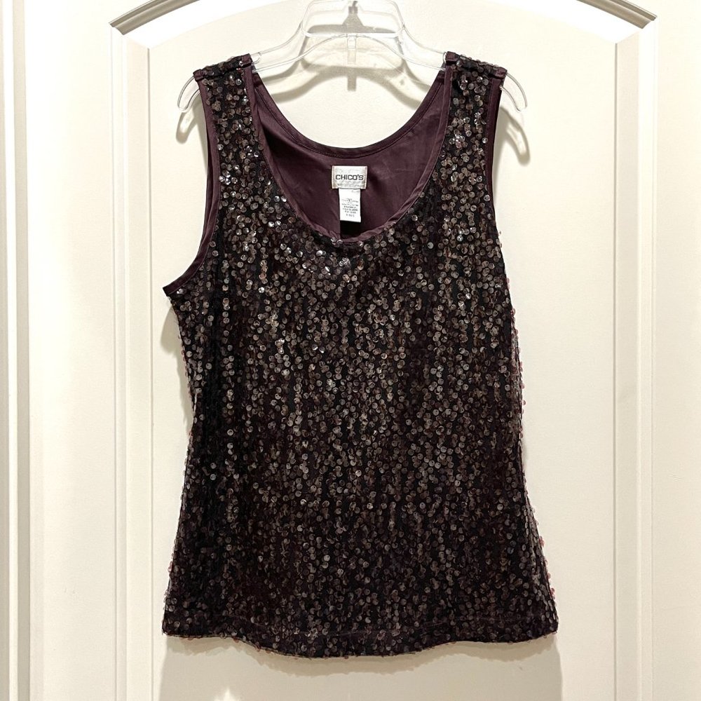 New Chico's Blouse Sequin Satin Trim Sleeveless Tank Top Brown 0 Small
